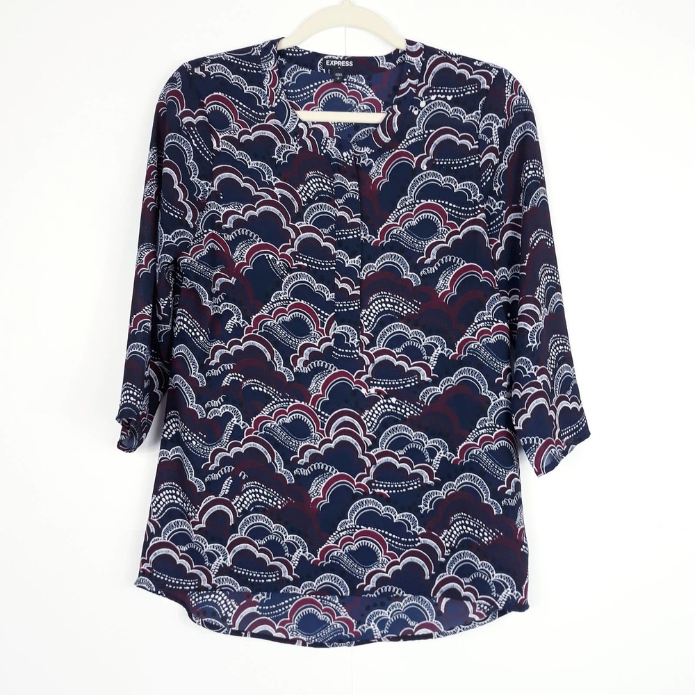 Express Sz S Clouds Tunic Blouse Hi-Lo Hem All Over Print Office-wear Blue Zip